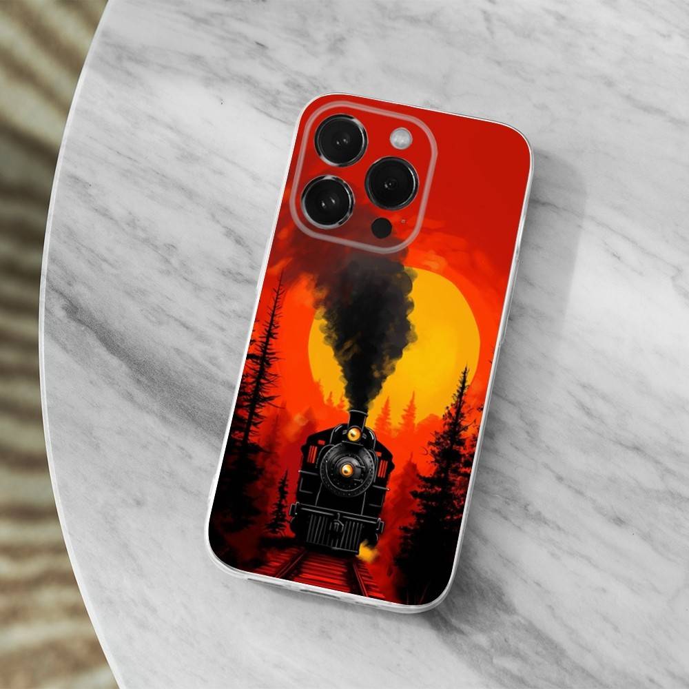 Cool Art Steam Train Phone Case For iPhone,14,13,XR,SE,12,15,Pro,Max,Plus,11,17,16,X,XS,Mini Transparent Soft Cover