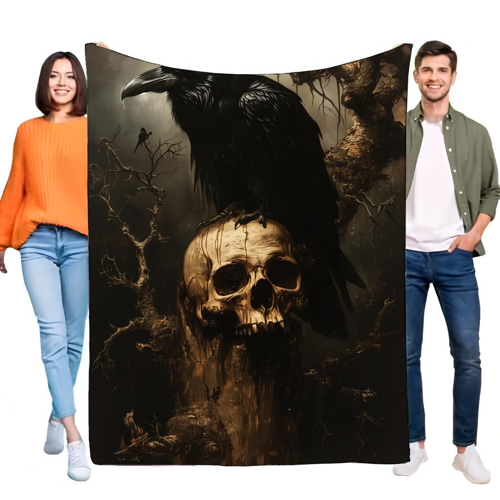 Dark Skull and Raven Blanket Soft Fleece Throw, Eerie Themed Cozy Home Décor, Ideal for Spooky Season, Lightweight and Warm, Per