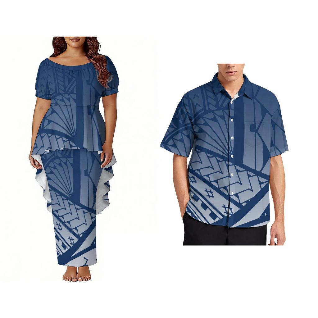Custom Polynesian Bubble Short Sleeve Long Dress Lady Puletasi Dress Match Plus Size Men Stiff Neck Shirt Sets off Couples 2pcs