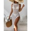 Elegant New O-neck Sleeveless See Through Women Knitted Dress Fashion Hollow Out Summer Vacation Sexy Dresses High Slit Beach Sunscreen Covers