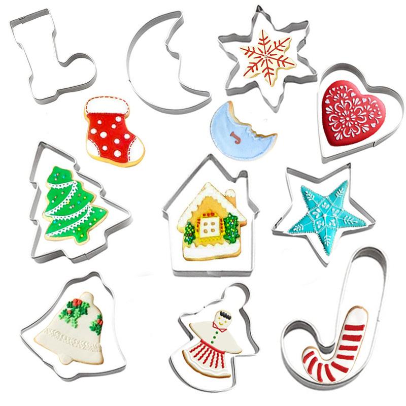 JUSTINLAU 10pcs DIY Baking Mold Christmas Cookie Cutter Set Stainless Steel Gingerbread Xmas Tree Fondant for Holiday Party Gift