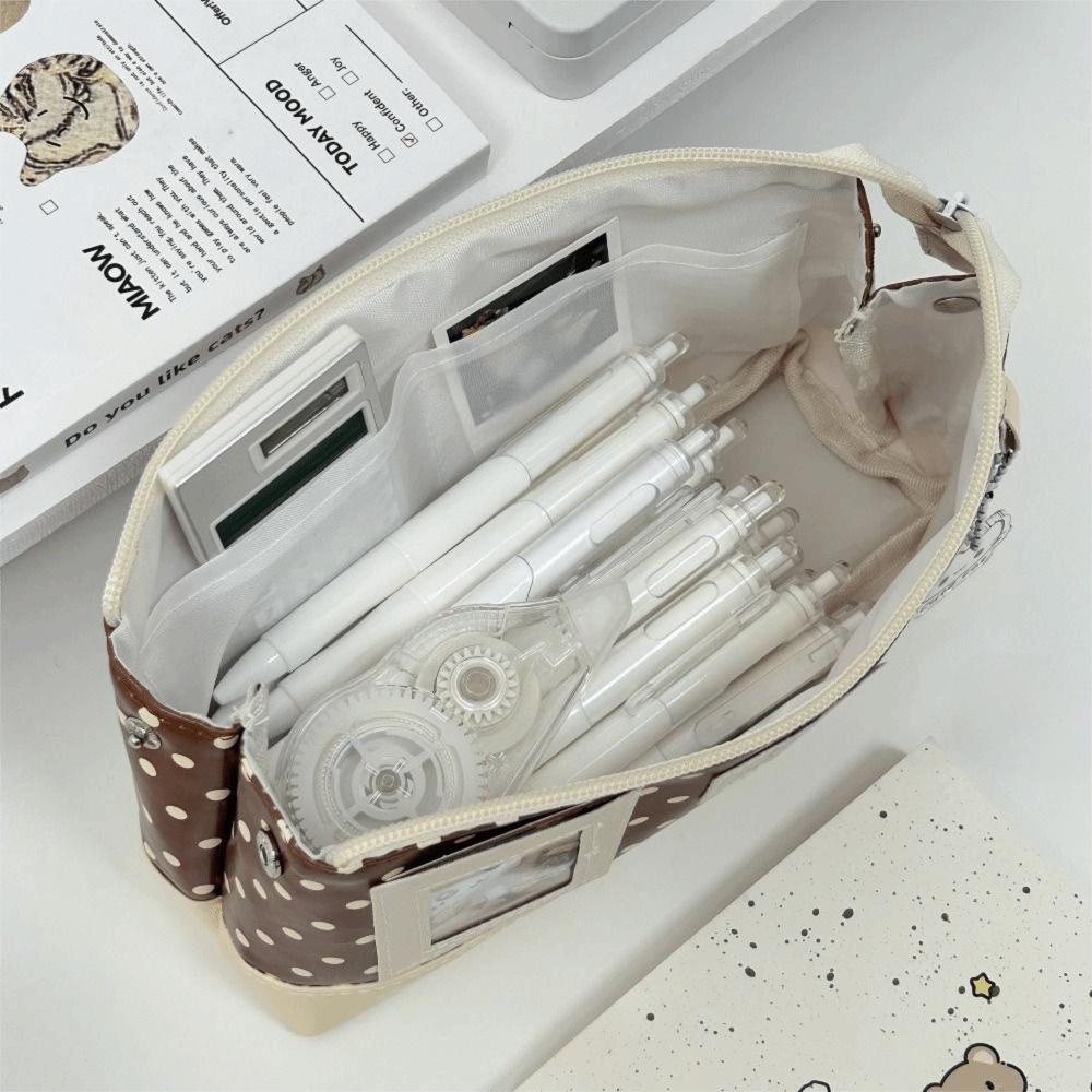 PU Leather Pen Bag Brown Pencil Pouch Waterproof Stationery Bag  School Office