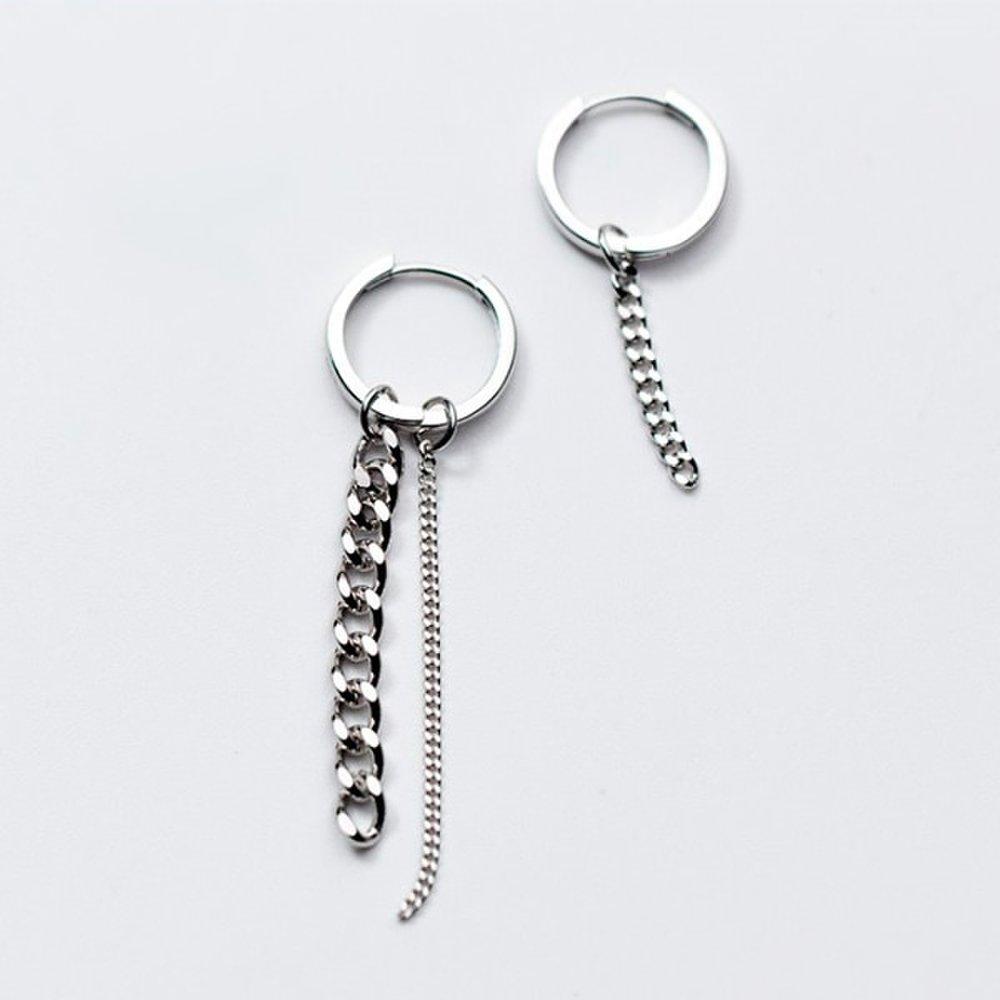 P0928W Silver 925 Drop Chain Asymmetrical Ring Earrings Piercing 1 Pair