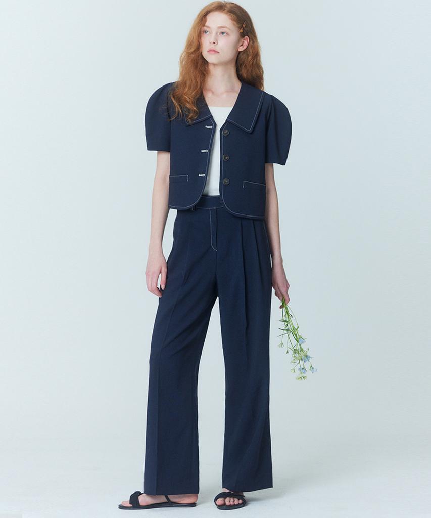 OPENING SUNSHINE Puff Sleeve Crop Jacket_Two-Pleat Wide Pants Set_Navy
