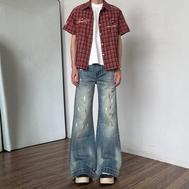 Mens Blue Splash Ink Distressed Flared Jeans Slim Fit Streetwear Denim Pants