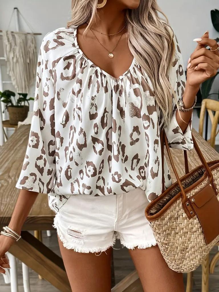 Весна Лето Женский Элегантный Повседневный Топ Бежевый Леопардовый Принт V-образный Вырез Рукав 7/8 с Рюшами Рубашка