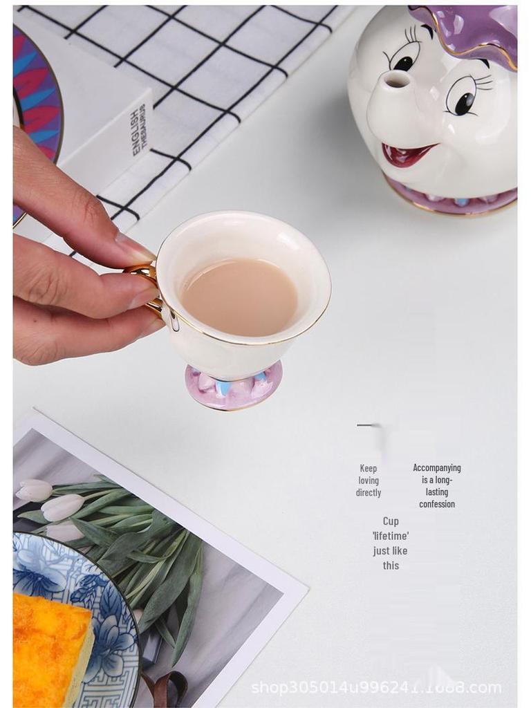 Gold-Plated Beauty and the Beast Teapot and Mug Set: Mrs. Potts and Chip with Cup and Saucer Gift Collection.