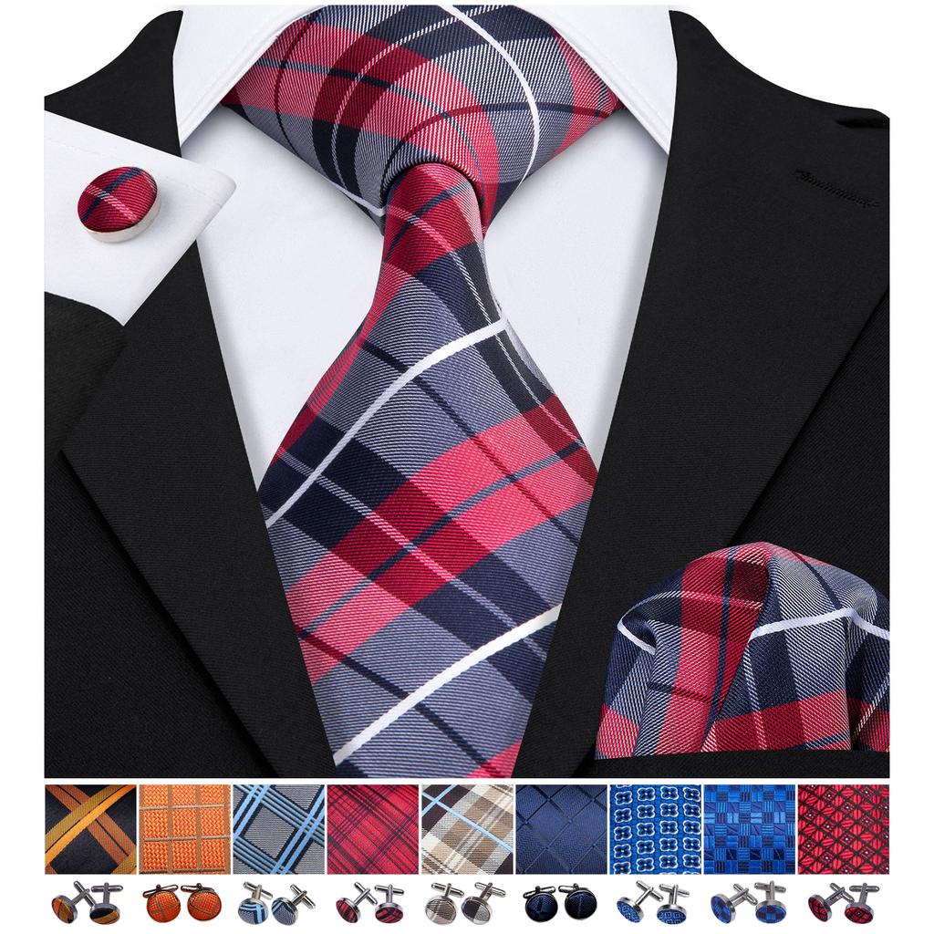 Barry.Wang Classic Tie for Men Woven Silk Striped Neckties Handkerchief Set Cufflinks Formal Casual