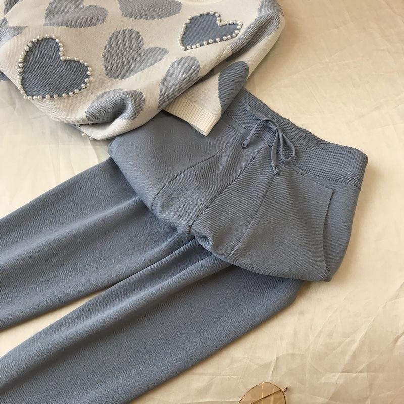 Korean Summer Printed Knitted 2 Peice Set Women Short Sleeve Beading Sweater Female Tops+Pants Suit Casual Tracksuit