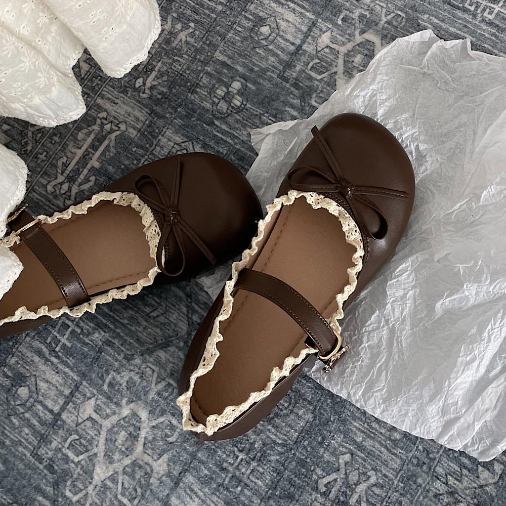 Женская кожаная обувь 2025 Весна Осень Круглый носок Винтажная мода Бант Балетки Легкая Удобная Роскошная обувь Мэри Джейн