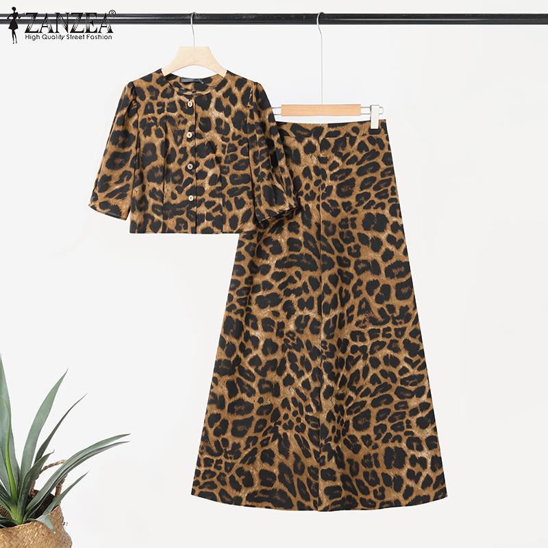 ZANZEA Womens Cropped Tops and Wide Leg Pants Leopard Print Two Piece Suit Sets