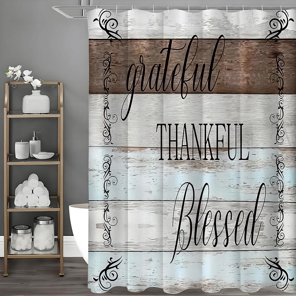 Rustic “Gratitude”, “Thank You”, “Blessings” Text Stylish Blue and White Design Shower Curtain, Bathroom Decorative Shower Curta