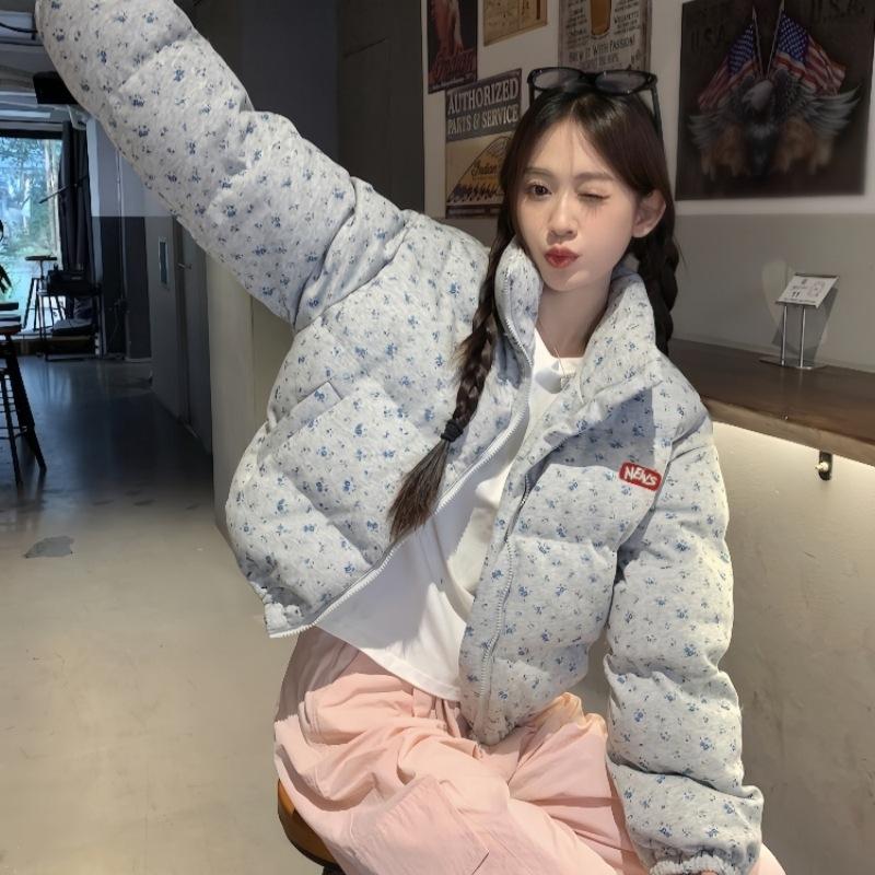 Women's Winter New Retro Short Floral Stand-up Collar Cotton Clothes Loose and Thickened Warm Trendy Jacket