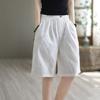 Women Shorts Elastic Button Decor Short Solid Color Pants Loose Fit High Waist Wide Leg Knee-Length