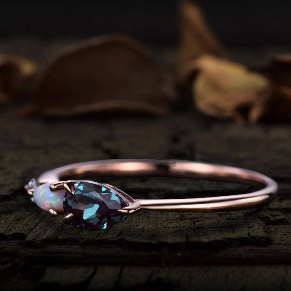Vintage Pear Cut Alexandrite Opal Ring: Art Deco Cubic Zirconia Wedding Band: Rose Gold Plated 925 Sterling Silver Ring