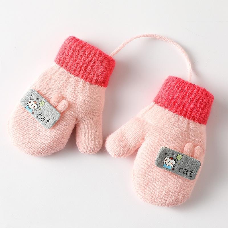 Cute Cartoon Children Gloves Thicken Kids Plush Fingerless Gloves 0-3year Toddler Hanging Neck Mittens Baby Winter Hand Warmer