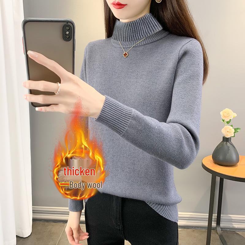 Women's Plus Size Velvet High Neck Knitwear: Slim Fit Autumn/Winter Warm Base Layer Sweater