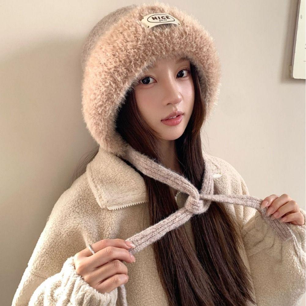 Fleece Lined Ear Flap Hat Knit Fluffy Warm Winter Hat Warm Acrylic Knitted Hat Daily Wear