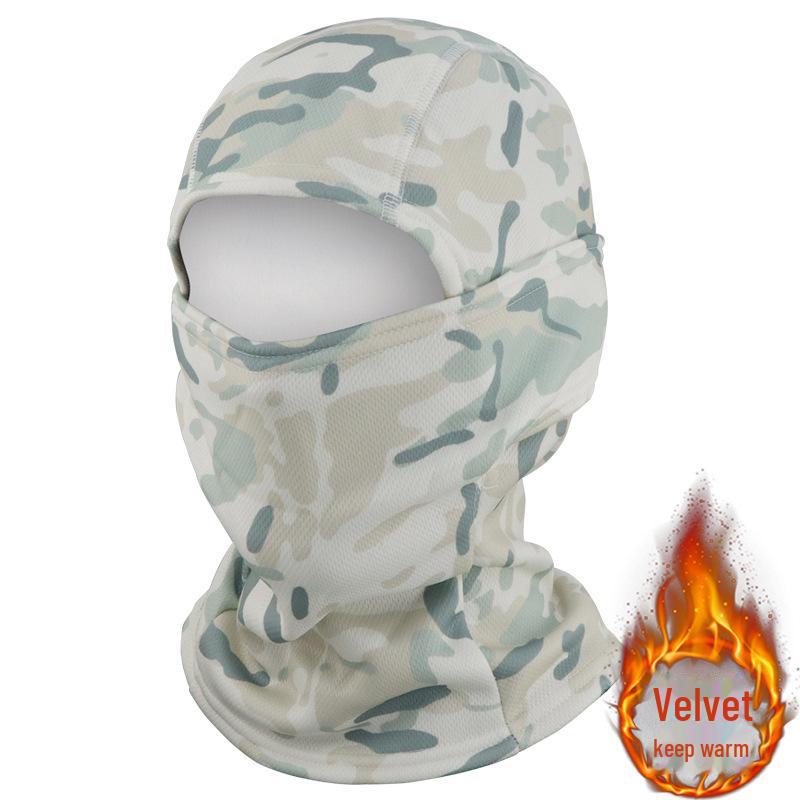 "Winter Camouflage Fleece Hood with Windproof Mask for Outdoor Sports - Thick, Warm, and Cold-Proof for Cycling"