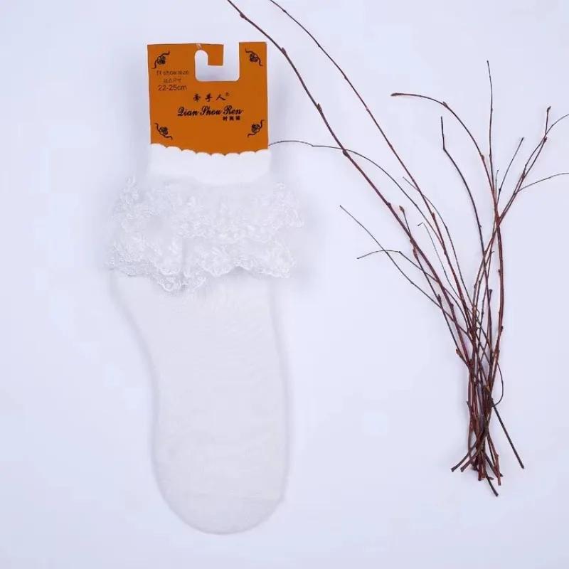 Lolita Women Harajuku Retro Lace Short Ankle Socks JK Frilly Ruffle Cotton Princess Girls Soft Wedding Dance White