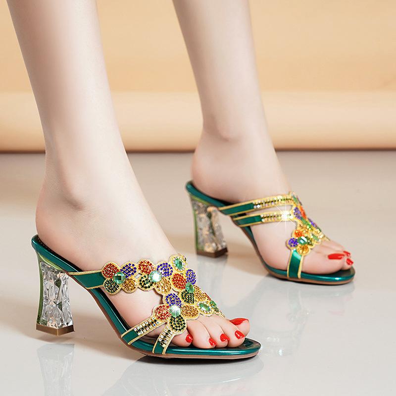 Модные удобные летние пляжные тапочки с открытым носком, женские босоножки на высоком каблуке со стразами и бриллиантами, модная нескользящая обувь для вечеринок