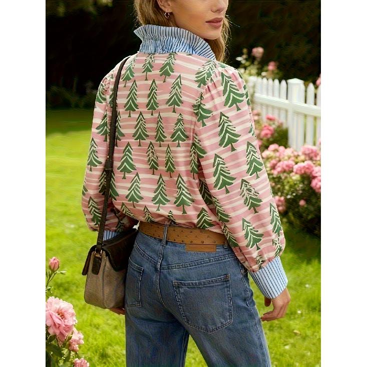 Женская блузка в ретро-рождественский узор - отложной воротник, длинный рукав, свободный повседневный силуэт, праздничный топ с принтом елки, подходит для осени/зимы
