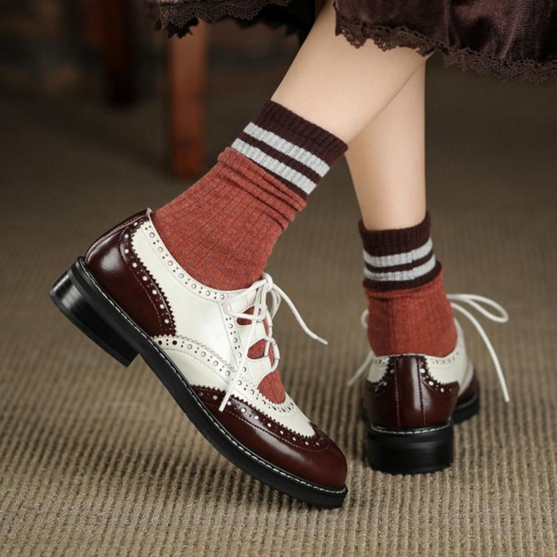 Fashion Oxford Shoes Women Split Leather Shoes for Women Spring/Autumn Women Loafers Summer Brogues Vintage Lace-up Shoes Women Pumps