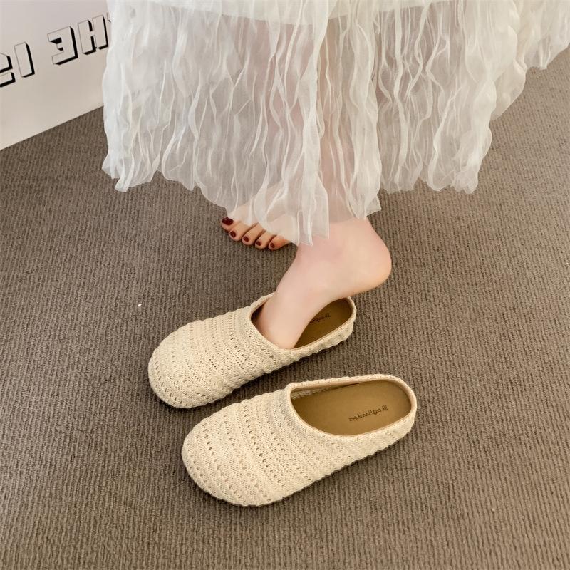 Woven Bag Head Wearing Half Slippers Women's 2025 Summer Beach One Pedal Bag Head Half Drag Muller Flat Slippers