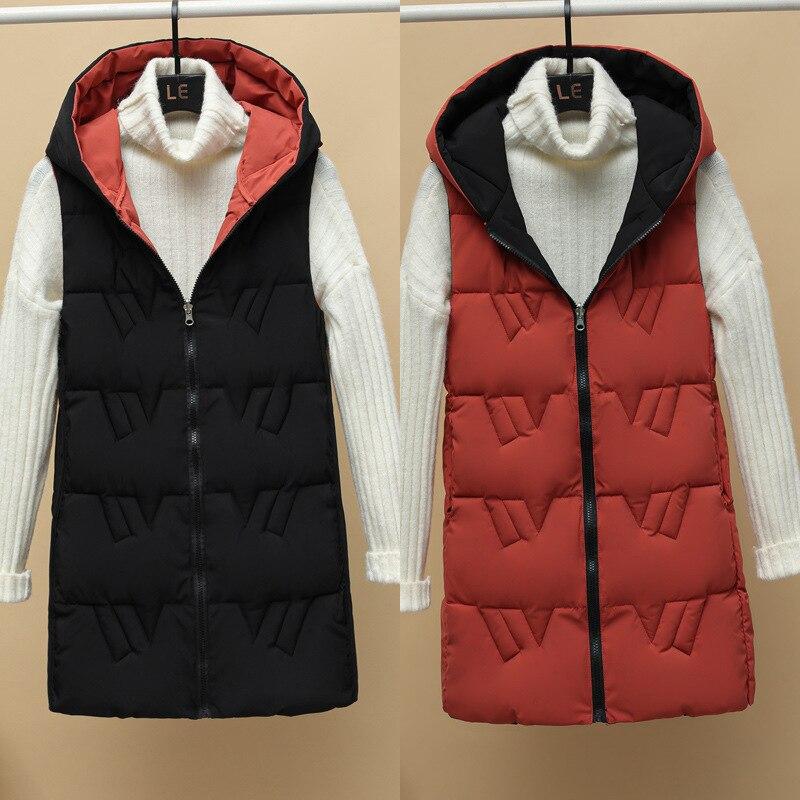 Autumn and Winter Women's Solid Color Loose Vest Hooded Long Reversible Vest Jacket Cotton Padded Women's Windproof Warm Vest