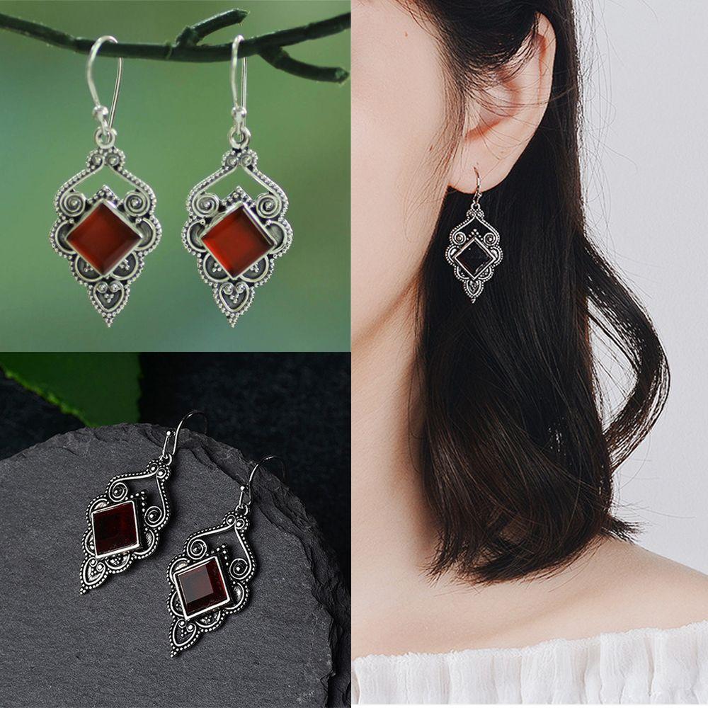 Natural Stone Engagement Wedding Jewelry Hook Ruby Ear Stud Dangle Red Agate Earrings Gemstone