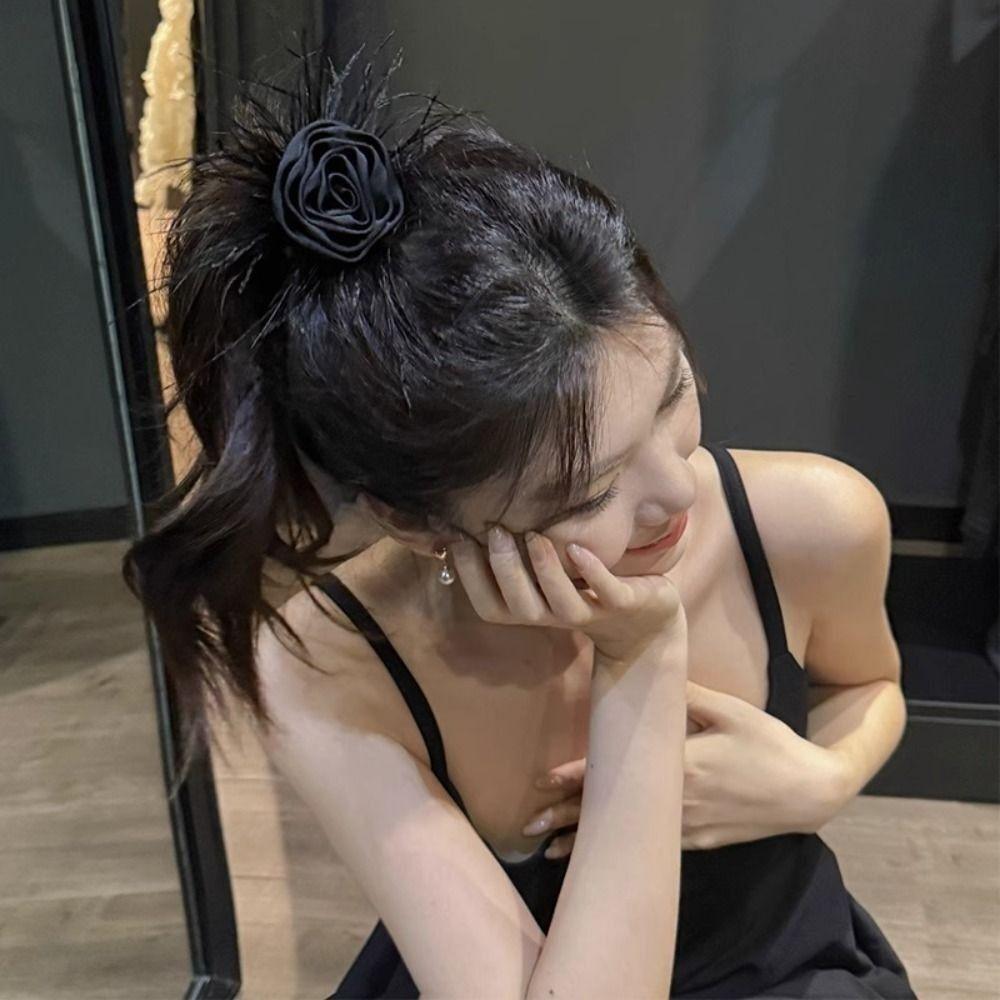 Korean Style Rose Feather Hair Bands Cloth Hair Rope Elegant Flower Headband  Women