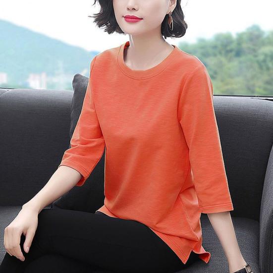 Women Tops O-Neck 3/4 Sleeve Solid Color Elastic Pullover Tops Regular Fit Summer T-shirt Daily Wear