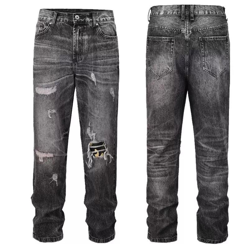 Мужская мода повседневные прямые длинные брюки на молнии из денима, модные уличные рваные узкие джинсы