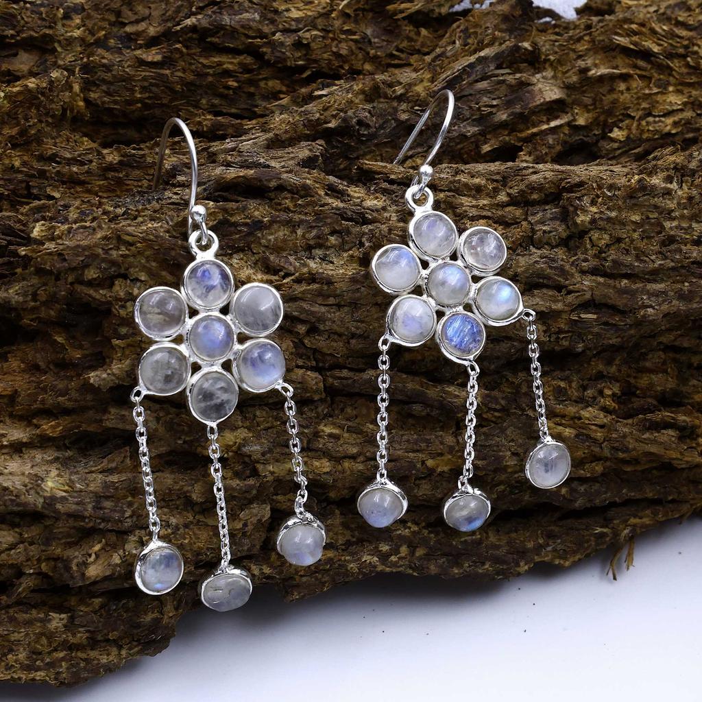925 Sterling Silver Earring, Moonstone Gemstone Earring, Dangle Earring, Designer Earring, Floral Earring, Women Earring