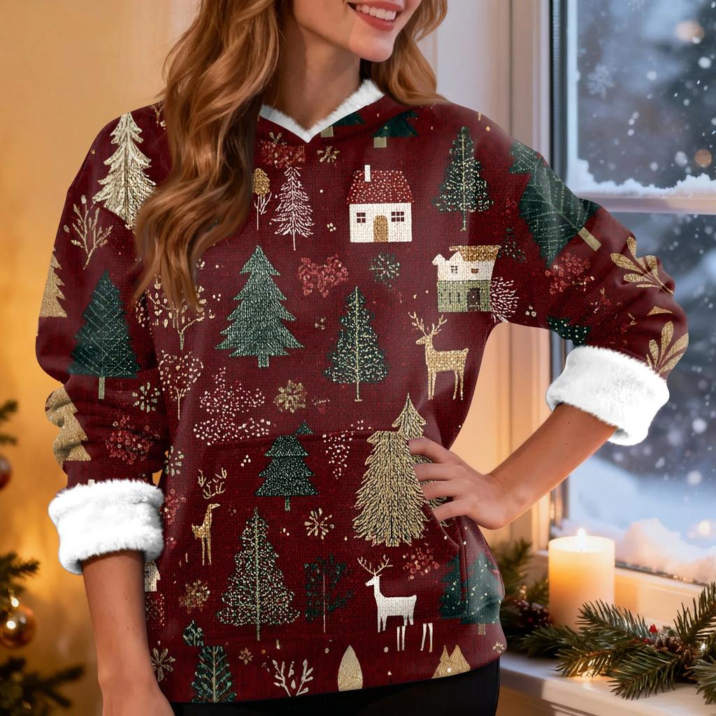 Женская модная повседневная толстовка с капюшоном и длинным рукавом с рождественским принтом