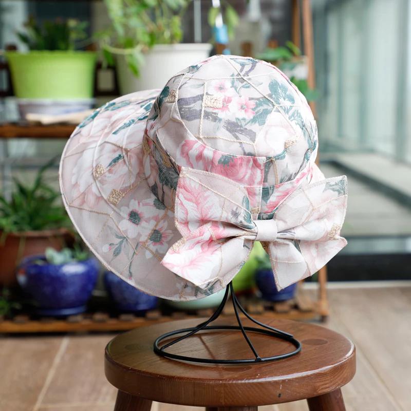 WTEMPO Женские повседневные универсальные шляпы с цветочным принтом, летние элегантные шляпы в стиле ретро с широкими полями для путешествий на открытом воздухе с большим бантом
