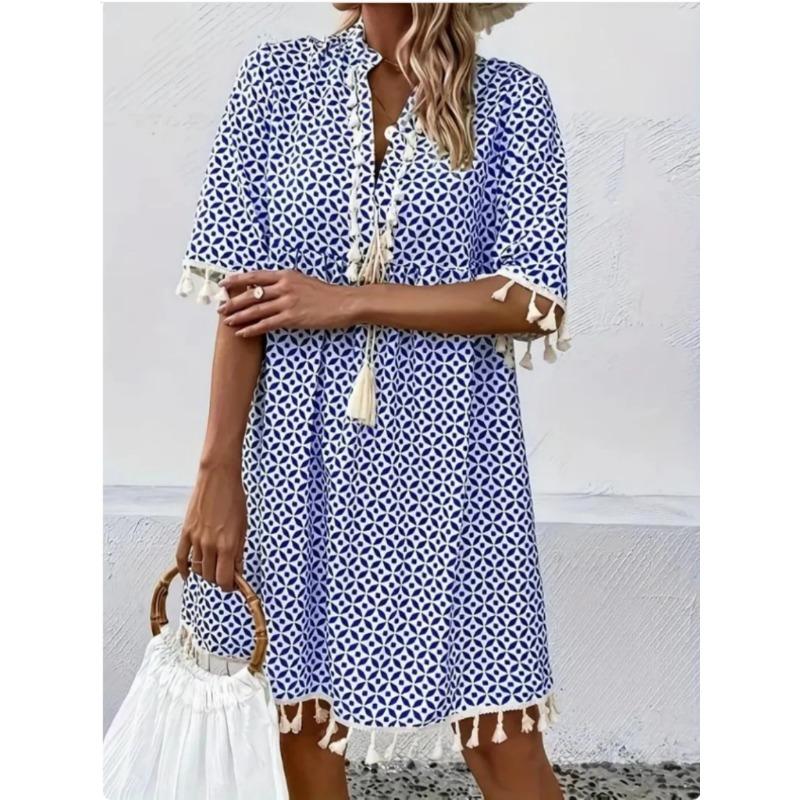 Women's Summer New Printed V Neck Fringe Five Quarter Sleeve Dress