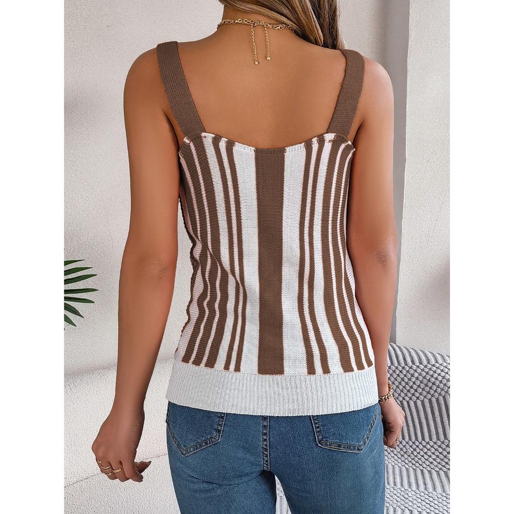 QICED Spring Summer V-neck Button Contrasting Color Cut-out Knitted Sweater Vacation Halter Top Women's Wear