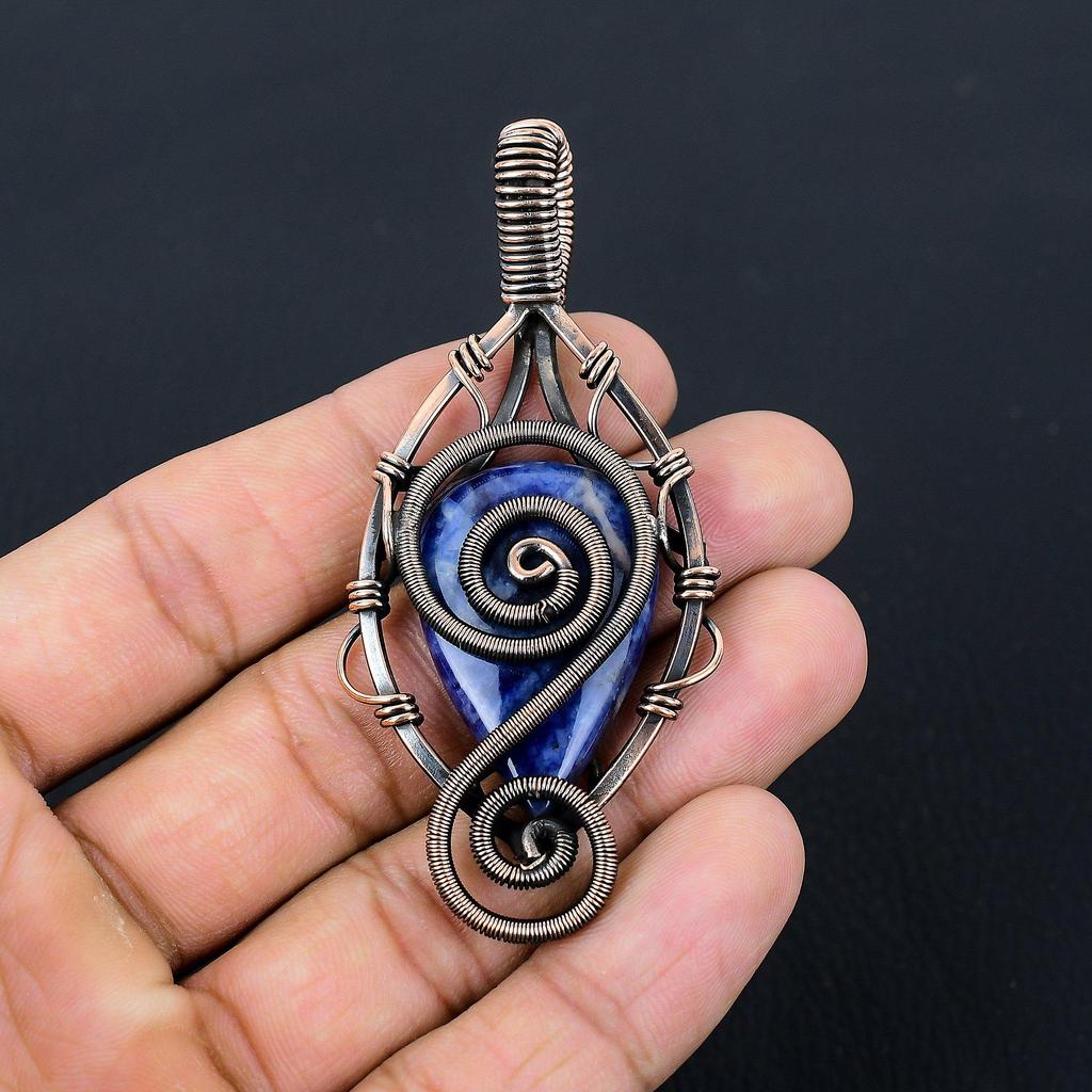 Драгоценный камень содалит, чистая медная проволока, обернутая подвеской ручной работы, ювелирное изделие, подарок для нее