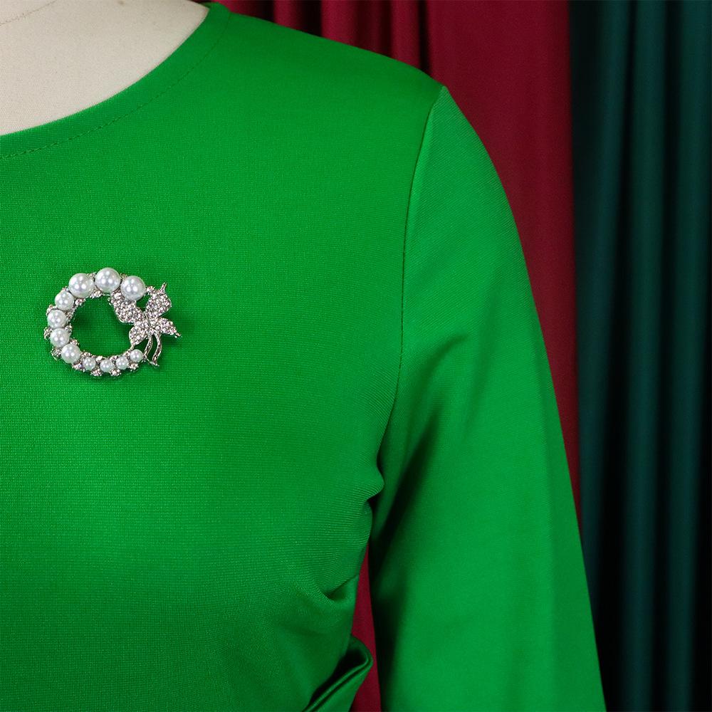 Женское модное однотонное плиссированное платье большого размера, элегантное цельное платье со средними рукавами и круглым воротником с брошью