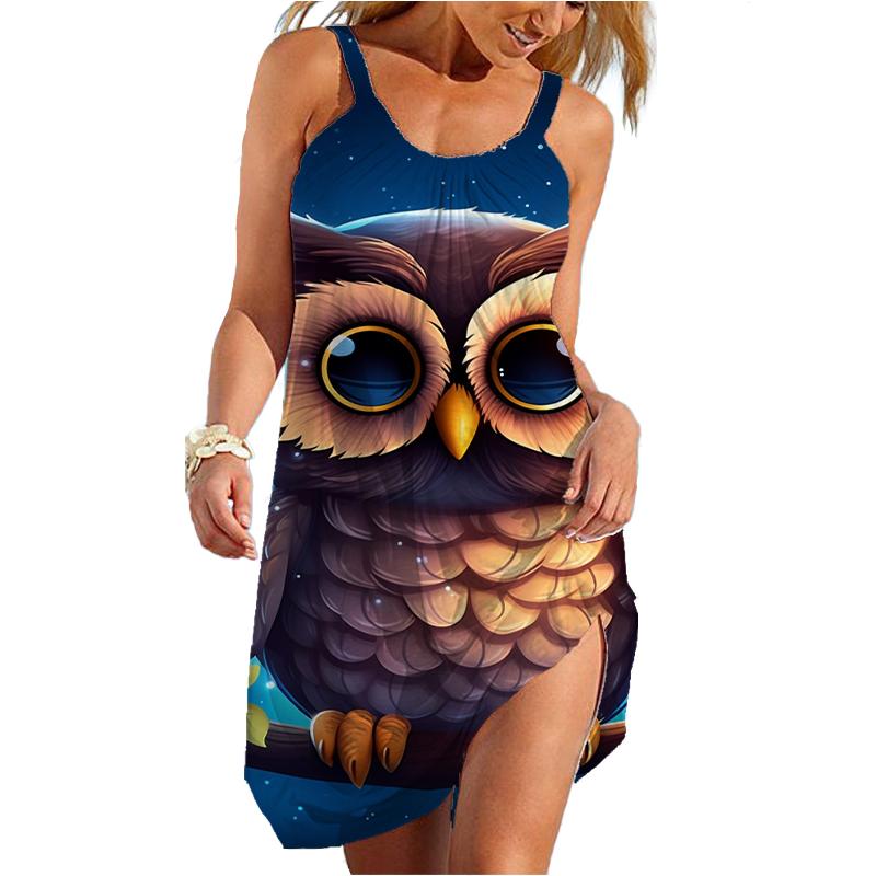 Летнее Новое Пляжное Платье с 3D Принтом Совы, Гавайское Сексуальное Платье с Рукавами на Плечах, Летнее Платье Traf, Платье с Цветами для Женщин