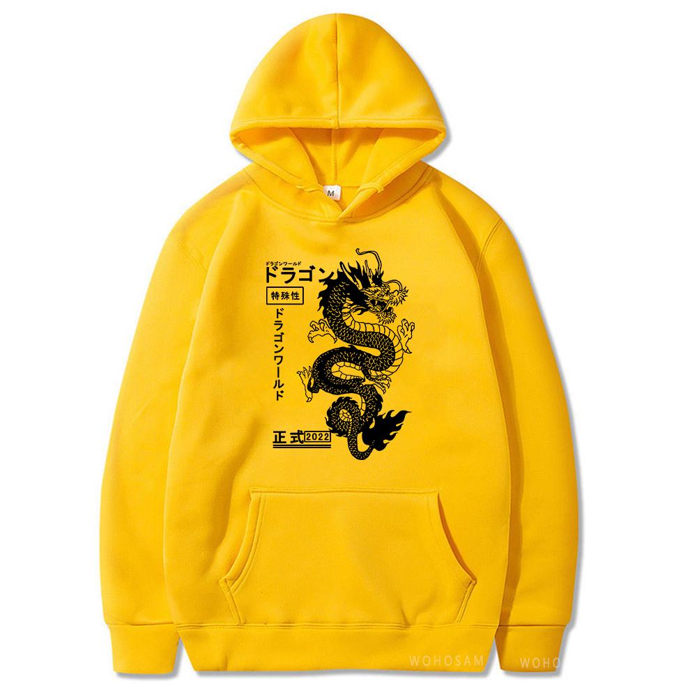 Japanese Letter & Dragon Graphic Drawstring Hoodies Unisex Fashion Casual Oversized Loose Pullover Tops Spring Autumn Black Sweatshirts