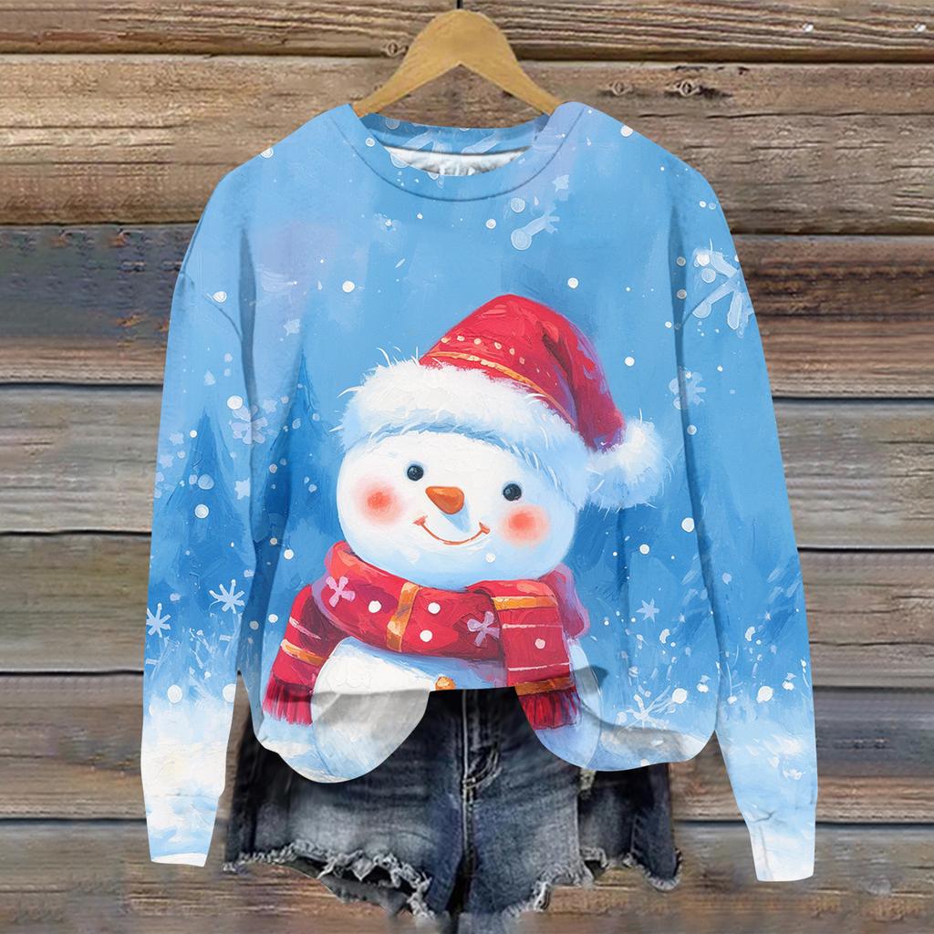 Женская толстовка с рождественским принтом, с длинным рукавом и круглым вырезом, свободный топ