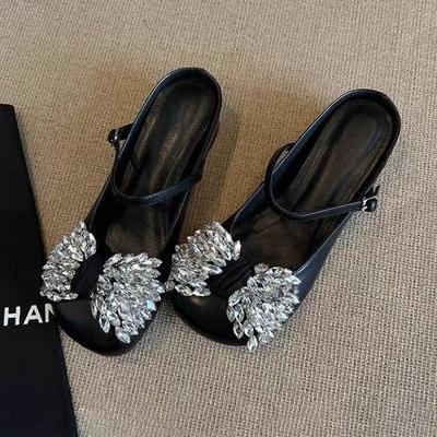 Точечная версия! Темпераментный персонализированный бант со стразами, пряжка на одно слово, летние сандалии на низком каблуке, женские туфли-мюли с открытой пяткой