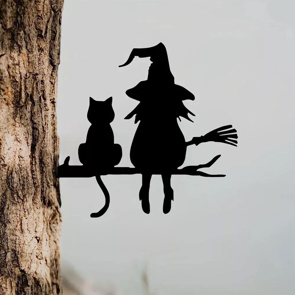 Metal Silhouette Cute Witch And Cat Garden Stump Patio Decorative Gardening Lawn Stump Inserts
