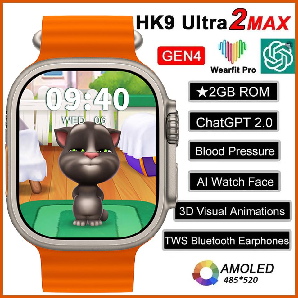 2024 Новые умные часы HK9 Ultra 2 Max с экраном Amoled GEN4, локальный музыкальный альбом, 2 ГБ ПЗУ, ChatGPT NFC TWS, умные часы для мужчин и женщин