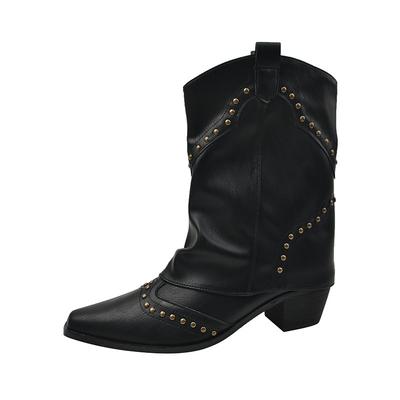 Коричневые мартинсы с V-образным вырезом Модные ковбойские сапоги в западном стиле Дизайн с заклепками Сапоги-трубы Демсезонные женские ботильоны Лето и осень