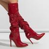 Sexy Women Knee Boots Pointed Toe Girls High Heel Boots Pleated Patent Leather Zip Shoes