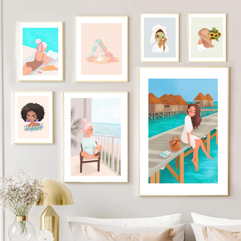 Поза дерева для йоги, скандинавский постер, Мальдивы, шляпа от солнца для серфинга, пляжная девушка, настенная живопись, холст, картина, домашний декор, фотографии для гостиной