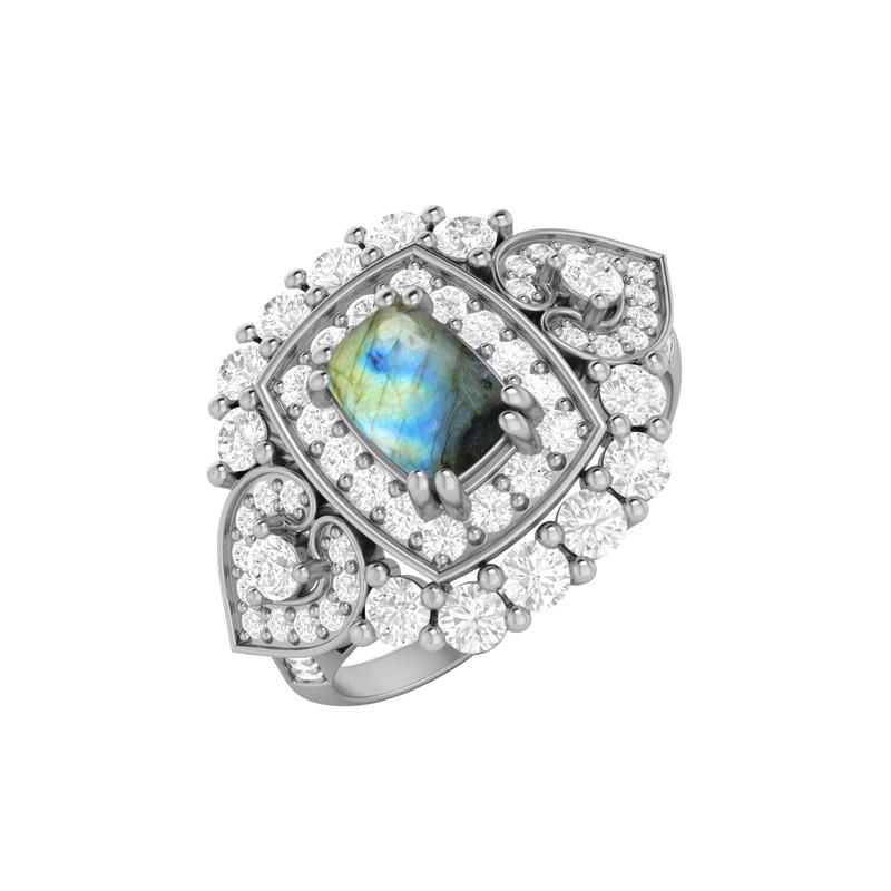 6X4MM Cushion Labradorite Gemstone 925 Sterling Silver Solitaire Halo Women Engagement Ring